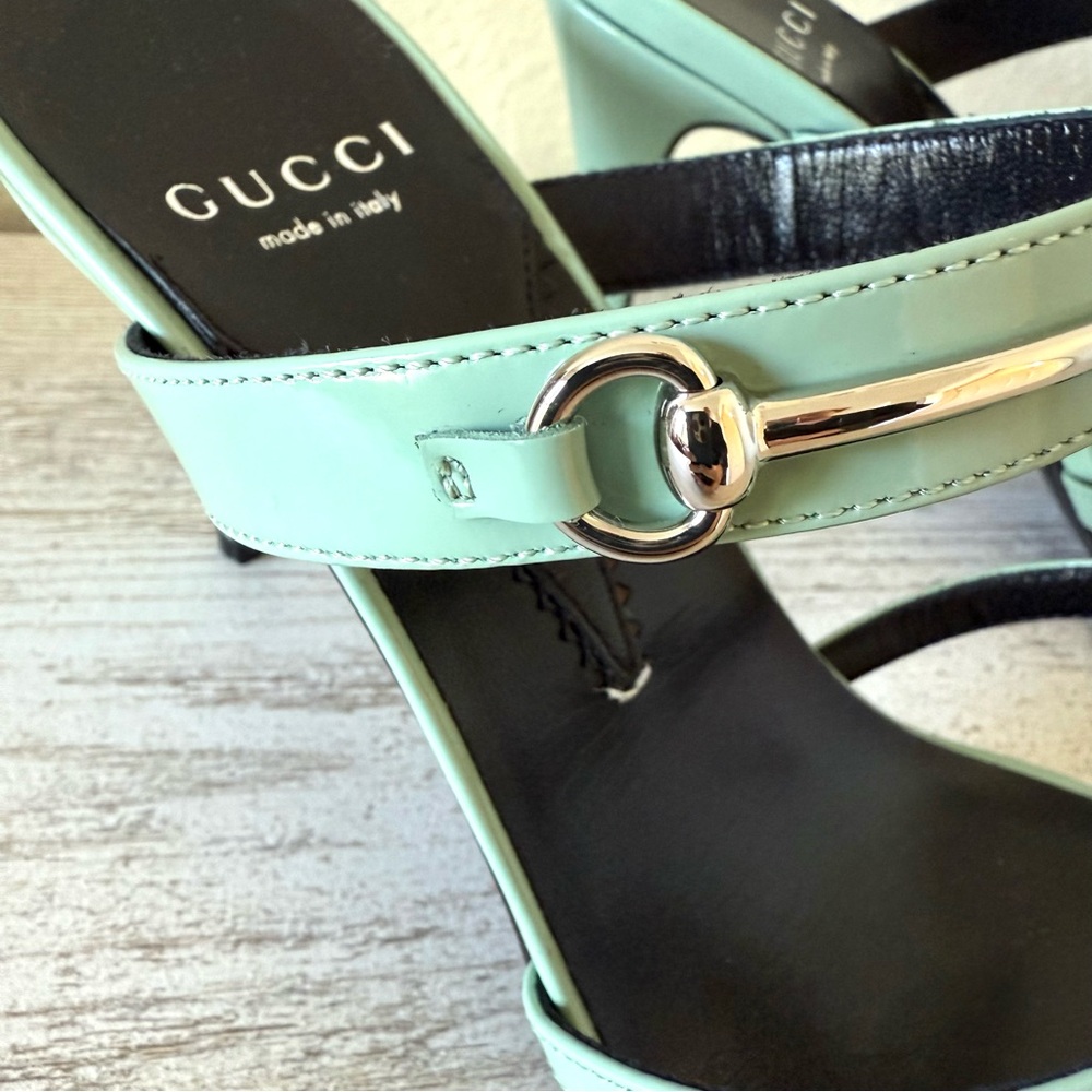 New Gucci Horsebit leather mules heeled sandals, green, size 38.5, US 8.5 - Picture 6 of 9